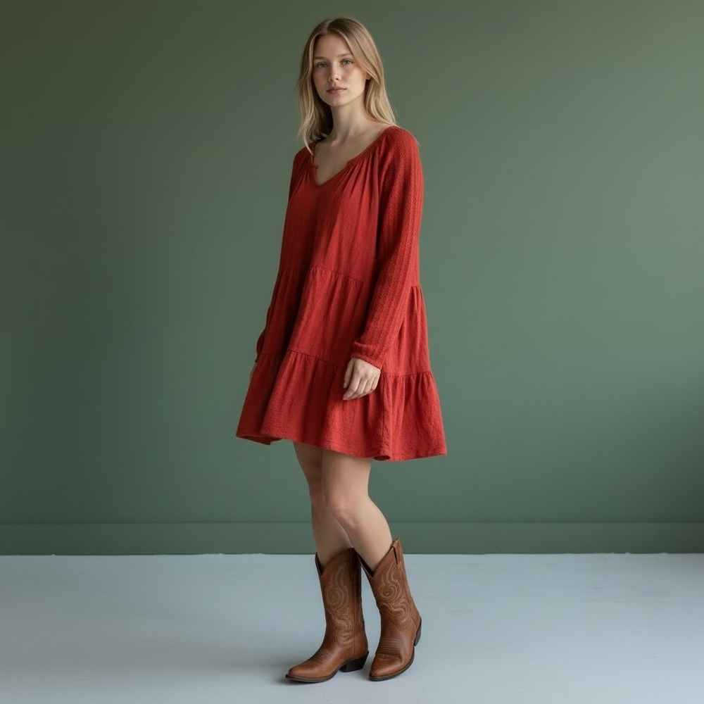 Umgee Rust Red Tiered Babydoll Dress Waffle Knit‎ Long Sleeve M5176 Mens M